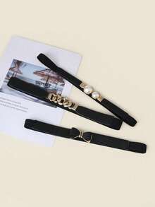 1/3pcs Women Stretchy Waist Belt Set, Including Faux Pearl Buckle Belt, Bowknot Elastic Belt And Alloy Buckle Belt, Fashionable Accessory For Dress, Sweater And Coat Summer, School Fall, Autumn, Halloween