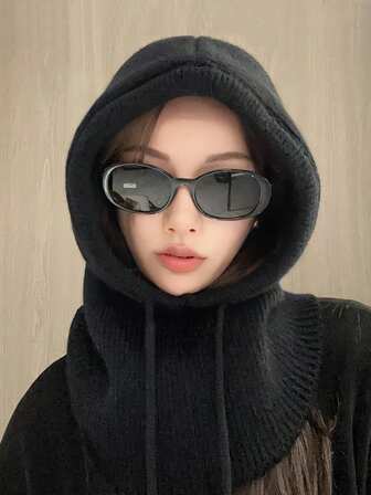 1 件女士灰色抽绳拉法帽，户外滑雪保暖针织面部和颈部防护面罩，适合冬季防寒