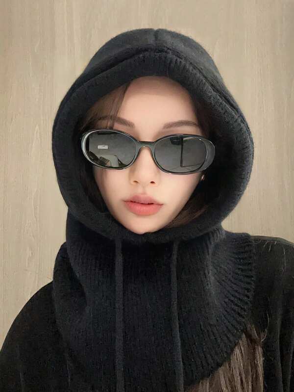 1pc Women's Grey Drawstring Balaclava Hat, Outdoor Ski Warm Knitted Face & Neck Protective Mask Hood, Suitable For Winter Cold Protection