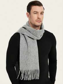 1pc Men's Long Solid Color Scarf, Classic Autumn/Winter Tasseled Scarf With Soft Cashmere Feel, Neck Wrap Shawl, Black And Grey - Multicolor - View 4