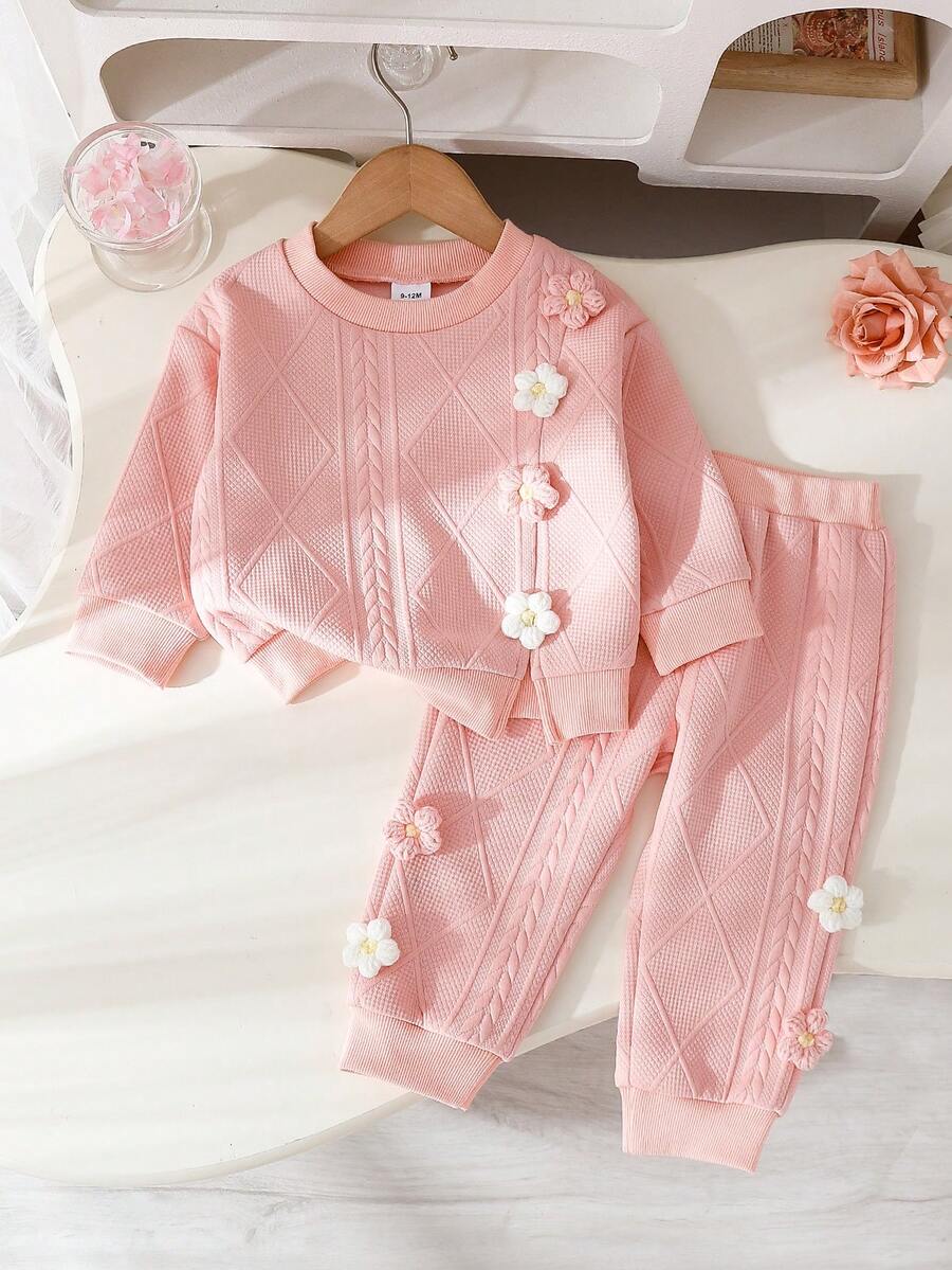 2 件女婴 3D 蝴蝶结针织卫衣和裤子套装，可爱又酷炫，适合外出玩耍