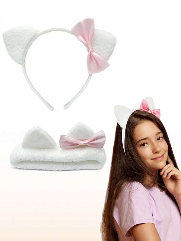 2Pcs Girls Kitty Cat Ears Headbands Gift Pink Bow Kitty Birthday Party Favor Cute Red White Kawaii Kitten Bow Decoration(Pink,Classic)