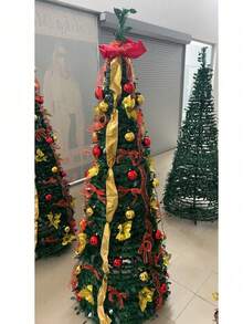 Set mare de ornamente de Crăciun Deluxe - Brad de Crăciun extensibil, Brad de Crăciun artificial decorat cu ornamente roșii și aurii, ușor de asamblat, potrivit pentru decorarea șemineului casei tale de Crăciun - Verde - Vizualizare 9