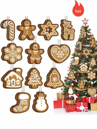 12pcs/24pcs/36pcs Rustic Christmas Tree Ornaments, Wooden Christmas Decorations, Gingerbread Star Snowflake Heart Boy Girl Bell Christmas Tree Snowman Stocking Deer Candy Cane House Decor For Christmas Tree, Winter Decoration, Home Decor, Can Be Hung On Wall, Door, Christmas Tree, Shelf, Fireplace Or Window To Decorate Your Living Room, Bedroom, Party And Enhance The Holiday Atmosphere!