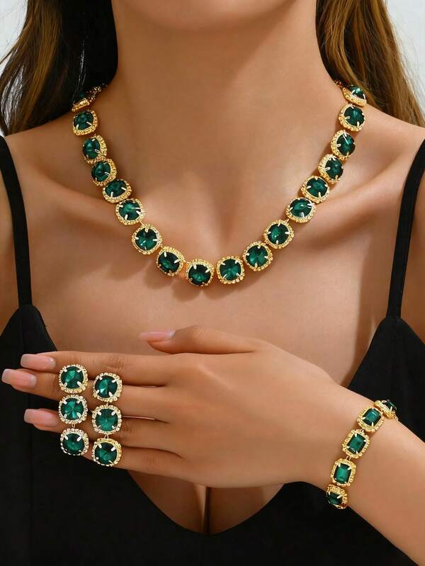 STONEFANS 1 Set Silver Tone Luxury Bridal Jewelry Set, Green Necklace & Earrings Wedding Accessories