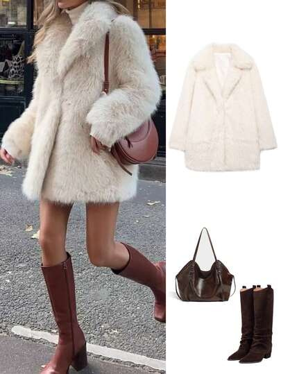 Women's Fashionable Turndown Collar Faux Fur Long Sleeve Casual Jacket, Autumn/Winter