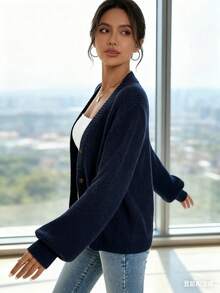 New Elegant Women's Solid-Color Front-Buttoned Knitted Cardigan Jacket For Work, Commuting And Dates - 海軍藍 - 查看 2
