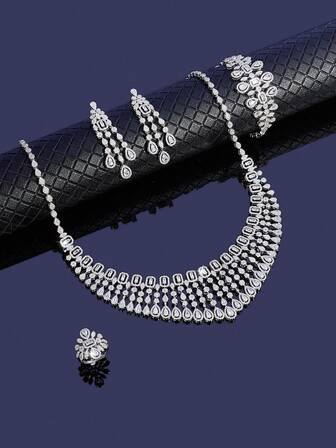 5pcs/Set Luxury Shiny Glamorous Cubic Zirconia Square Decor Wedding Jewelry Set For Women