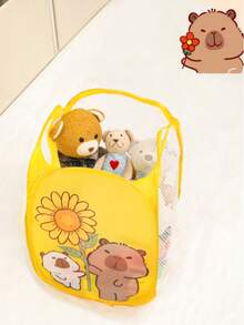 1pc Foldable Cartoon Animal Pattern Mesh Storage Basket With Handle, Suitable For Indoor/Outdoor Snacks, Toys, Clothes Storage, Baby & Kids