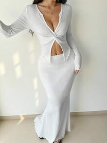 Conjunto de Top Cropped de Manga Longa com Nó na Frente e Saia Midi em Cor Sólida, Elegante e Casual, Adequado para Férias, Praia, Encontros à Noite, Casa, Jardim