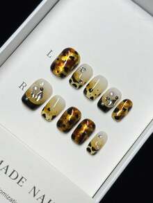 10 Pieces Of Pure Handmade Press-On Nails With Crushed Diamonds, Black French Leopard Print, Tortoise Shell, Retro, Comfortable, Short And Cute Nail Art, Detachable And Reusable, Suitable For Women, Suitable For Vacation Or Daily Wear