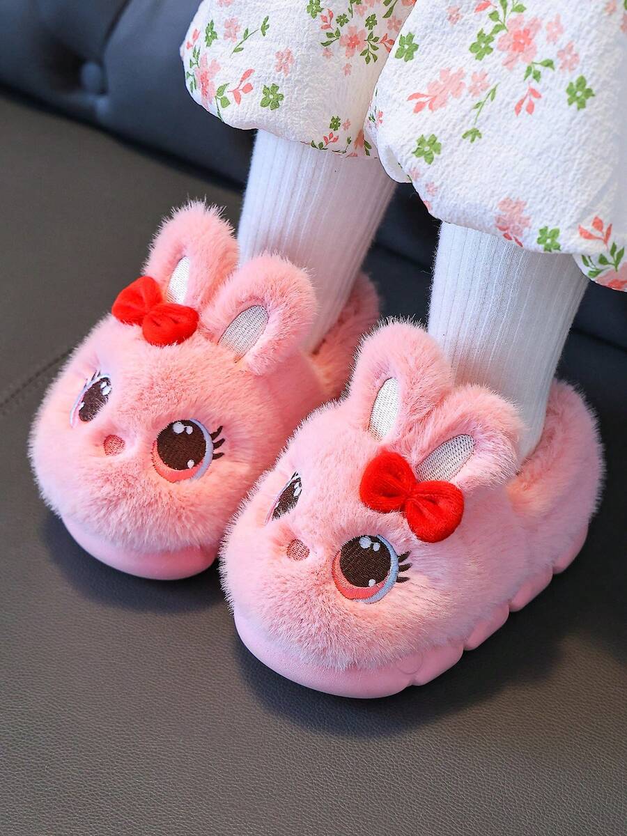 儿童拖鞋冬季新款2025女童可爱卡通公主保暖毛绒包头鞋室内幼儿露背拖鞋 - 粉色 - 查看 1