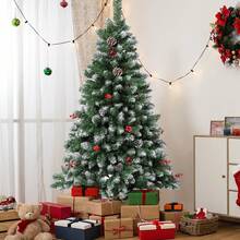 Árbol de Navidad artificial, con ramas de PVC que parecen naturales, para decoración navideña interior y exterior, con base de metal sólido, adornos navideños con bayas rojas y piñas, decoración del hogar, regalos de Navidad, decoración navideña