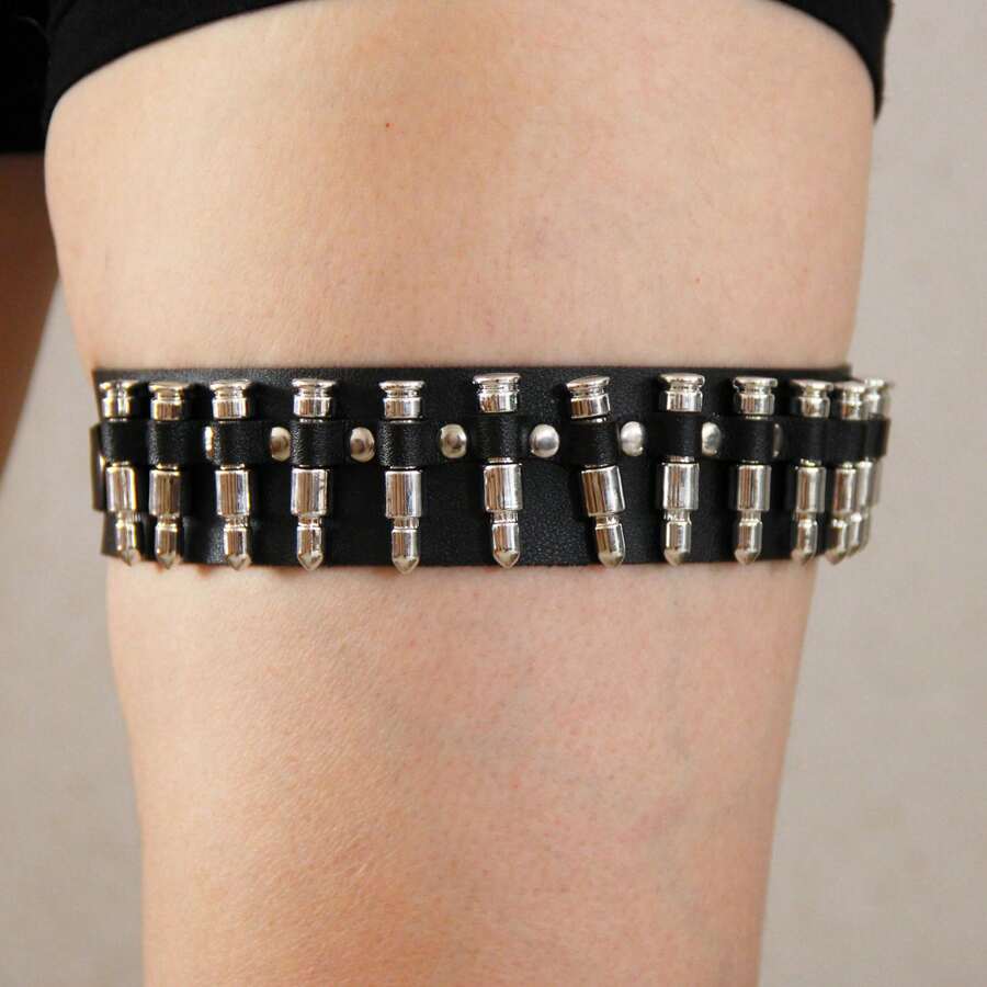 1 chiếc dây nịt đùi gợi cảm kiểu punk trang trí hình viên đạn dành cho nữ, dây da bó chân, phụ kiện trang phục Halloween. - màu đen - Xem 1