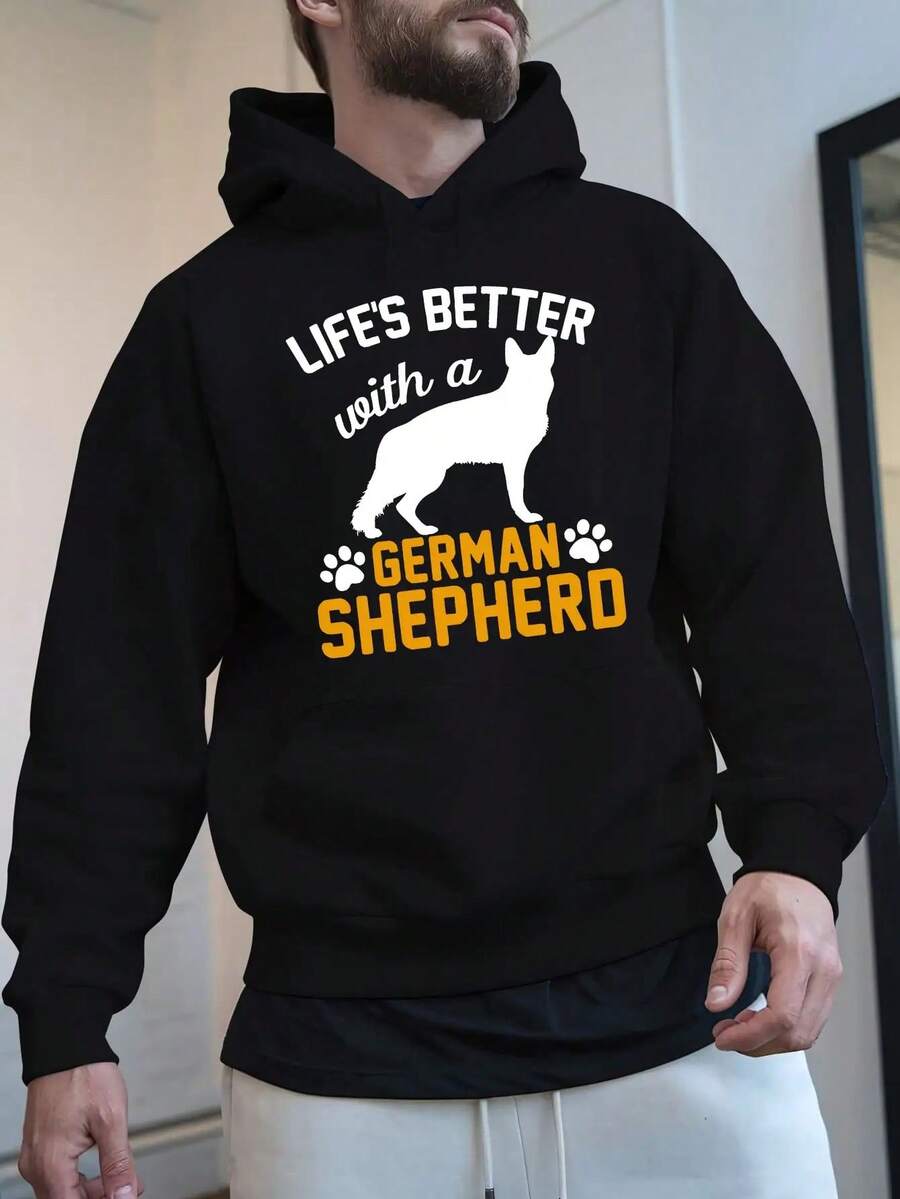 1 Pieza Sudadera Casual para Hombre con Estampado de Pastor Alemán - Sudadera de Manga Larga de Poliéster con Capucha con Cordón - Moda de Invierno para Amantes de Perros - Negro - Ver 1