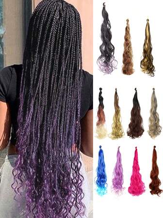 22 英寸法式卷发辫子，合成耐热接发，棕色，棕色渐变，黑色转棕色，黑色转紫色，黑色转金色，蓝色，紫色，紫色-粉色，多色，彩色，长自然波浪卷曲钩针编织辫子，高温蓬松波浪卷曲编织接发，适合女性日常节日派对和角色扮演编织发