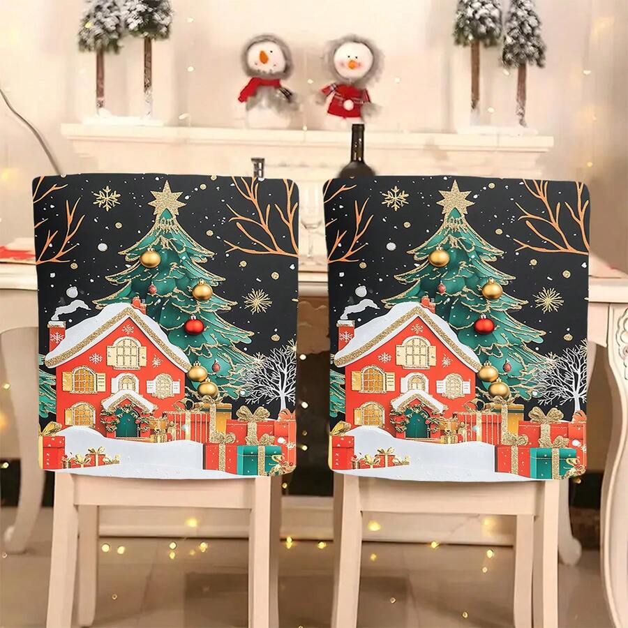 1 pièce/4 pièces/6 pièces/10 pièces Étoile de dessus de sapin de Noël, ornement doré et rouge, maison, boîte-cadeau imprimés. Housse de chaise en peluche courte amovible et douce pour la protection des chaises de salle à manger, salon, toutes saisons, décoration de fête