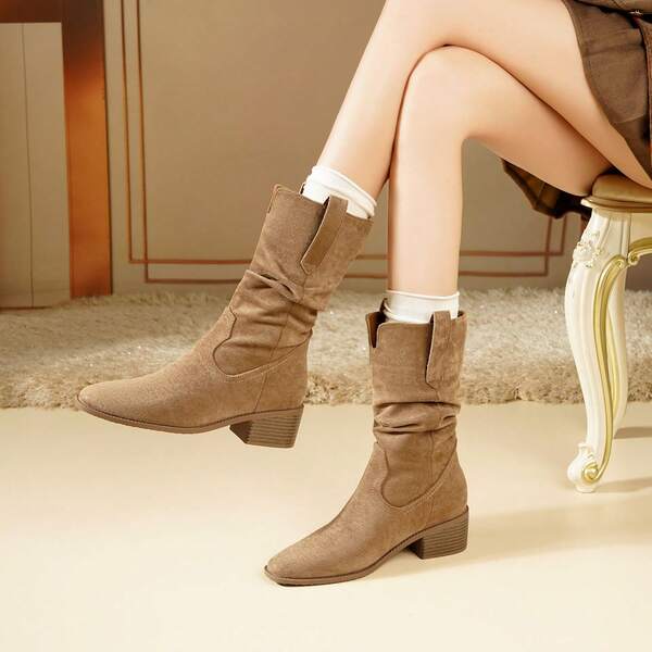 New Women's Hidden Wedge Western Ruched Ankle Boots, Vintage British Style Mid-Calf Boots