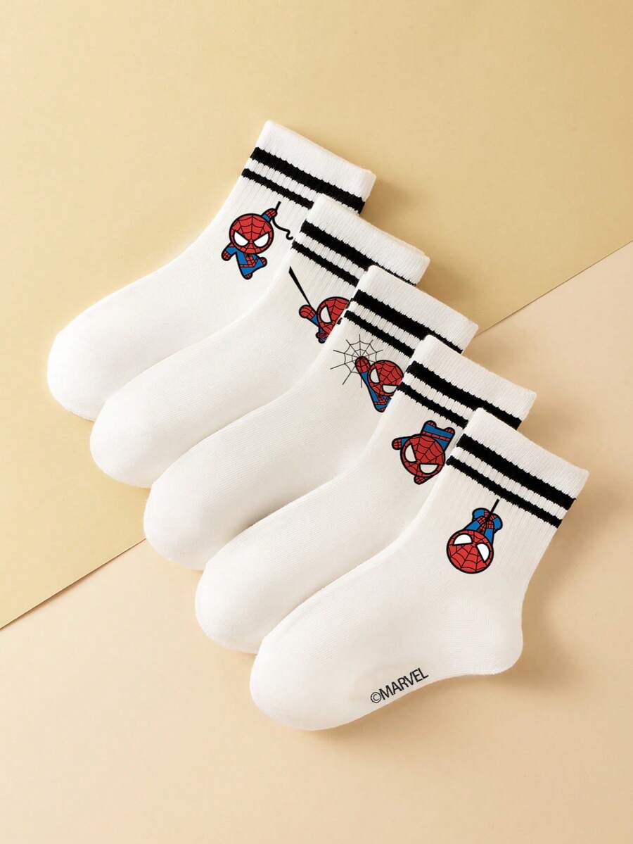 Marvel 5 Pairs Kids Socks, Superhero Spider-Man Socks, Boys' Mid-Calf Socks, Double Bars Korean Style Black & White Cartoon Socks, Autumn/Winter, Girls' Spider-Man & Superhero Character Socks - Multicolor - View 1