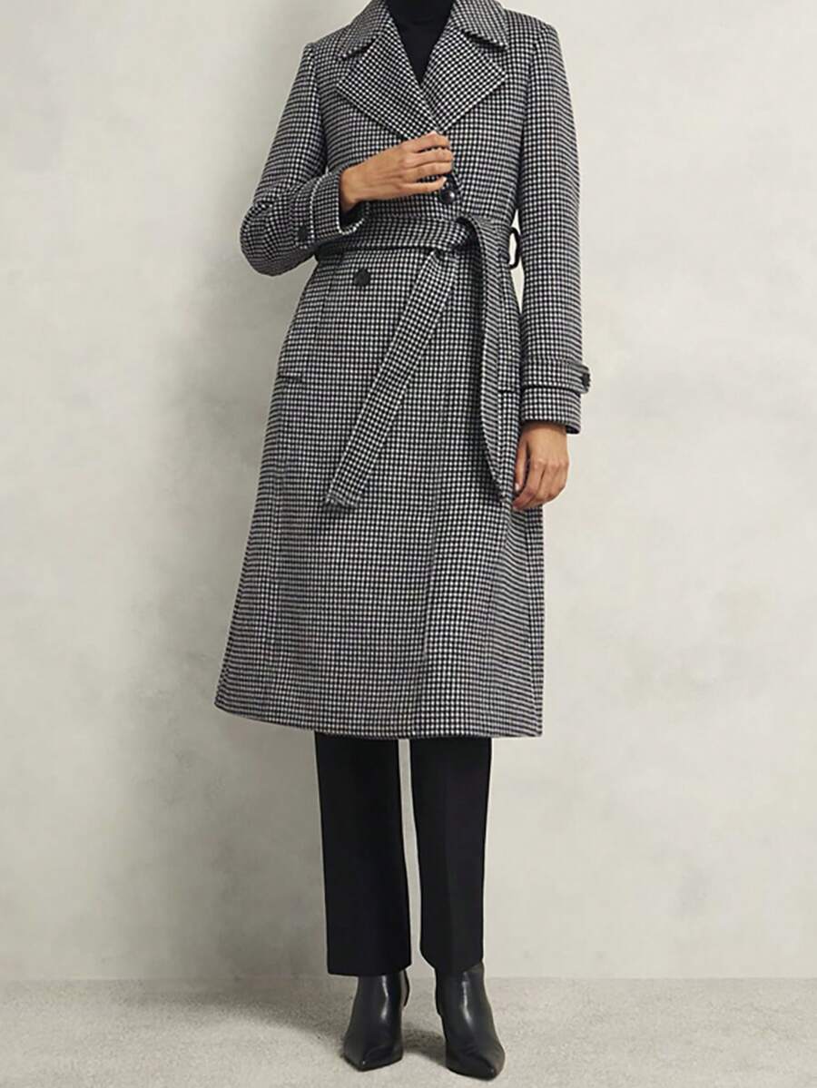 Abrigo cruzado a cuadros para mujer (con cinturón) - Blanco y Negro - Ver 1