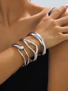 3pcs Luxury Exaggerated Geometric Hollow Design Gold Metal Smooth Open Bangle Bracelets, Stackable Bracelets For Women, Suitable For Daily, Party, Holiday, Heavy Jewelry Gift - Gold - View 16