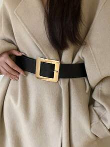 1pc Women's Black PU Leather High-Quality Metal Buckle Personalized Wide Waist Belt - Silver - View 3