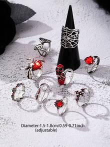 8 pièces Ensemble de bagues d'araignée gothique rétro de couleur argent antique pour Halloween - Bagues empilées style gothique avec toile d'araignée, bijoux de vampire - Multicolore - Voir 3