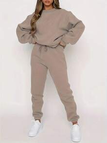 Fashionable Women's Sportswear Set For Autumn And Winter - Filled Lining For Warmth, Fitness Wear, Casual Running And Training Gear, Loose And Elastic Design, Essential For Casual Wear After Exercise, Sportswear, Women's Set, Women's Two-Piece Sportswear, Sportswear, Women's Plus Size Sport Set, Women's Winter Clothing, Women's Two-Piece Clothing, Women's Sport Set, Women's Two-Piece Clothing, Women's Casual Wear Set, Women's Two-Piece Sportswear, Women's Sport Set, Women's Set, Women's Two-Piece Clothing, Women's Hoodie And Pants Set, Women's Winter Set, Home Wear Set, Black Sport Set, Plus Size Women's Clothing, Women's Sport Set, Sportswear, Warm Lining, Sportswear Set - Màu be - Xem 3