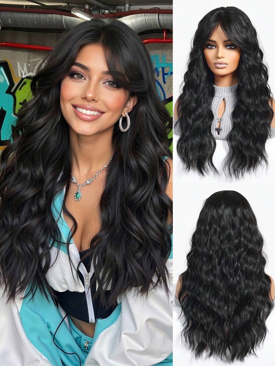 24 Zoll schwarze mittelgescheitelte lange lockige Haare, elegante Damenperücke, hitzebeständige synthetische gewebte Perücke, perfekt für Urlaubsreisen, Partys, Rollenspielakteure, Halloween und Weihnachten Alltagskleidung, Halloween Perücke, Mädchen Urlaubsgeschenk