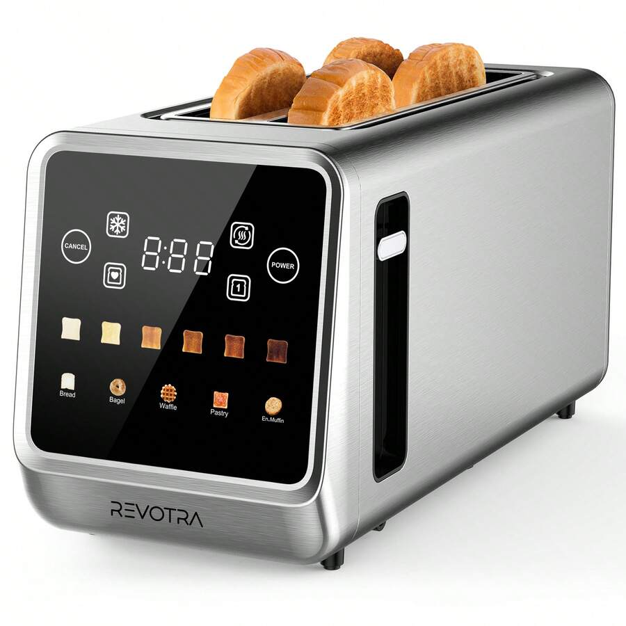Revotra Long Slot Toaster 4 Slice, Touch Screen LED Display, 1.5" Extra Wide Slots For Thick Bread & Bagels, Countdown Timer, Memory Function, Dual Independent Control, 6 Shade Settings, Stainless Steel - View 1
