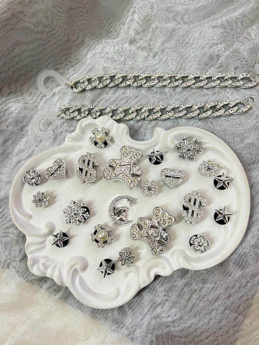 24 szt. DIY: Buty ogrodowe ze srebrnym kryształowym łańcuszkiem, klamrą, kokardą z kryształkami i monetą, ozdobne guziki, zdejmowane akcesoria, odpowiednie do obuwia plażowego, butów z wycięciami, na każdą porę roku, prezentów świątecznych