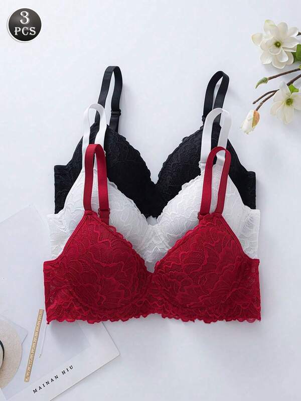 3PCS Fashionable, Mature And Sexy Lace Underwire Push-Up Bra, Comfortable And Unpadded, With Adjustable Shoulder Straps