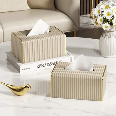 Multifunctional Desktop Tissue Box, PU Leather Striped Tissue Box, Nordic Luxury Hotel Style, Gold Edge Decor, Desktop Tissue Paper Dispenser, Tissue Holder, Can Hold 1 Box Of Tissues, Ideal For Living Room, Dining Room And Kitchen Desktop Decor, Home Decor And Storage, Home Decor Accessories, Apartment Essential