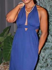 Steph T Women Solid Color Halter V-Neck Vacation Holiday Beach Criss Cross Tie Backless Maxi Dress Vacation Beach Outfits