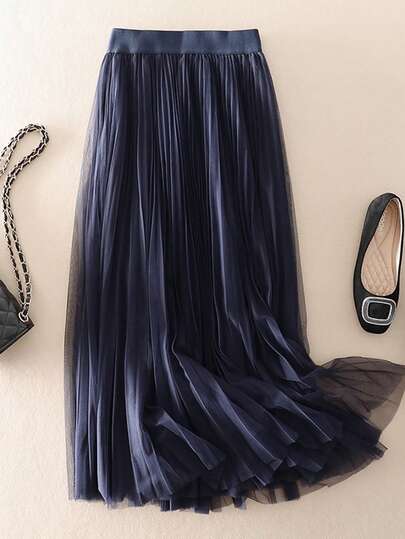 LuminousWealth Women's Elegant Pleated Mesh A-Line Skirt, Suitable For Casual Or Office Wear, Minimalist & Graceful | Polyester Mesh Skirt, Suitable For All Seasons, Great For Christmas & New Year