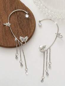 1pc Elegant Diamond Star & Leaf Tassel Ear Cuff Earring, Versatile Jewelry Gift For Women, Daily Wear
