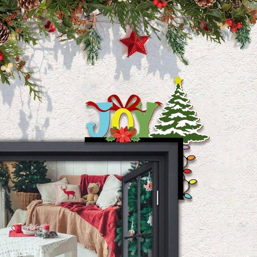 1 bucată de decor de colț pentru ușă din lemn de Crăciun, pandantiv vesel de Crăciun și brad de Crăciun, potrivit pentru decorarea colțului ușii din față a casei de Crăciun, pandantiv de decorare pentru petrecere de festival