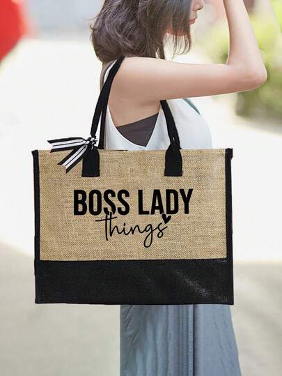 1 Set Of Women's Beach Handbag With Shoulder Straps, Side Pocket Design, Printed"Boss "Suitable For Weddings, Birthdays, And Vacations. It Is An Excellent Gift For Women, Mothers, Teachers, Friends, Bridesmaids, Students, And Returning To School. The Large Bag, Holiday Travel Handbag, Weekend Short Trip, Personalized Birthday Gift For Friends With A Scarf