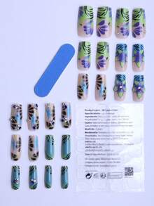 24 piezas de uñas acrílicas postizas cuadradas largas con estampados de flores azules y verdes y rayas, aptas para mujeres y niñas, uñas francesas falsas imprescindibles para uso diario en la oficina o salón de belleza, con 1 pieza de pegamento de gelatina y 1 tira de lijado