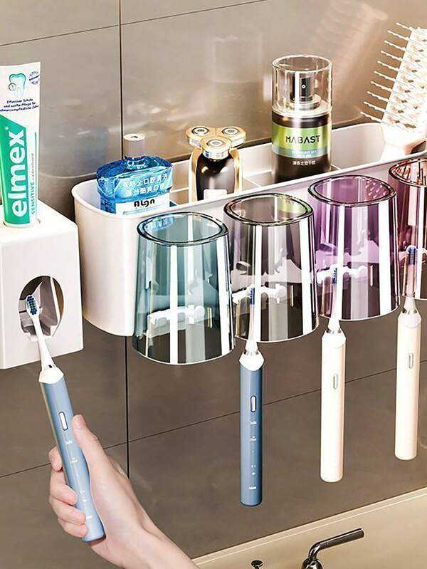 طقم حامل فرشاة الأسنان المثبت على الحائط، مع 4/3/2 أكواب مقاومة للغبار وموزع معجون الأسنان، منظم حمام متعدد الوظائف مع موزع معجون الأسنان الأوتوماتيكي والأكواب، رف حمام بدون ثقب، طقم حمام فاخر، منظم حائط الحمام لتنظيف الأسنان والتخزين، اكسسوارات الحمام لاستخدام المنزل