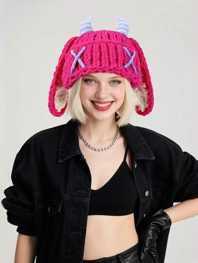 BREITER 1pc Handmade Knitted Devil Horn Beanie Hat, Fashionable Streetwear Knitted Cap For Autumn/Winter, Christmas, Halloween Holiday Gift