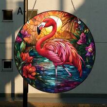 1 pieza Efecto de pintura de flamenco de vidrio colorido, decoración redonda de acrílico, adecuada para dormitorio, porche, baño, decoración de pared de oficina - Acrílico-redondo - Ver 5
