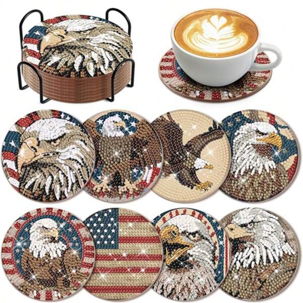 8pcs Diamond Painting Coaster Set, Coffee Theme Drink Insulation, Non-Slip Coasters With Coaster Holder, Suitable For Adult Beginners Crafts, Round Gemstone Art Desktop Decor, Exquisite Handmade Gift