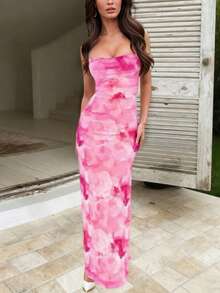 2025夏季新款优雅露背吊带连衣裙，带口袋，花卉印花，修身剪裁，多种颜色可选