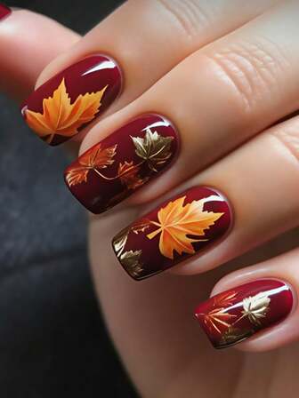 用 24 件中等形状秋季按压指甲表达您的爱意，黄色红色叶子红色指甲时尚黄色和红色枫叶枯叶勃艮第假指甲全覆盖假指甲适用于女性和女孩，包括美甲沙龙，1 块果冻凝胶和 1 个锉刀 Stri 果冻凝胶随机发货