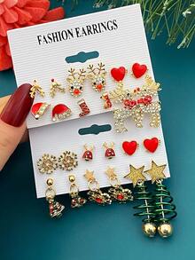 12-36pcs Metal Rhinestone Christmas Santa Claus, Bow, Snowflake, Reindeer Pendant Earrings Set, Unique Jewelry Accessories For Women, Suitable For Christmas, Party, Events