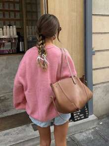 Pulover roz cu mânecă lungă, guler rotund, mărime plus, pulover cu umeri căzuți, culoare solidă, topuri tricotate casual, crop lejer, haine elegante și chic de toamnă pentru femei, ținute de Halloween/Crăciun pentru ieșiri în oraș de toamnă/iarnă