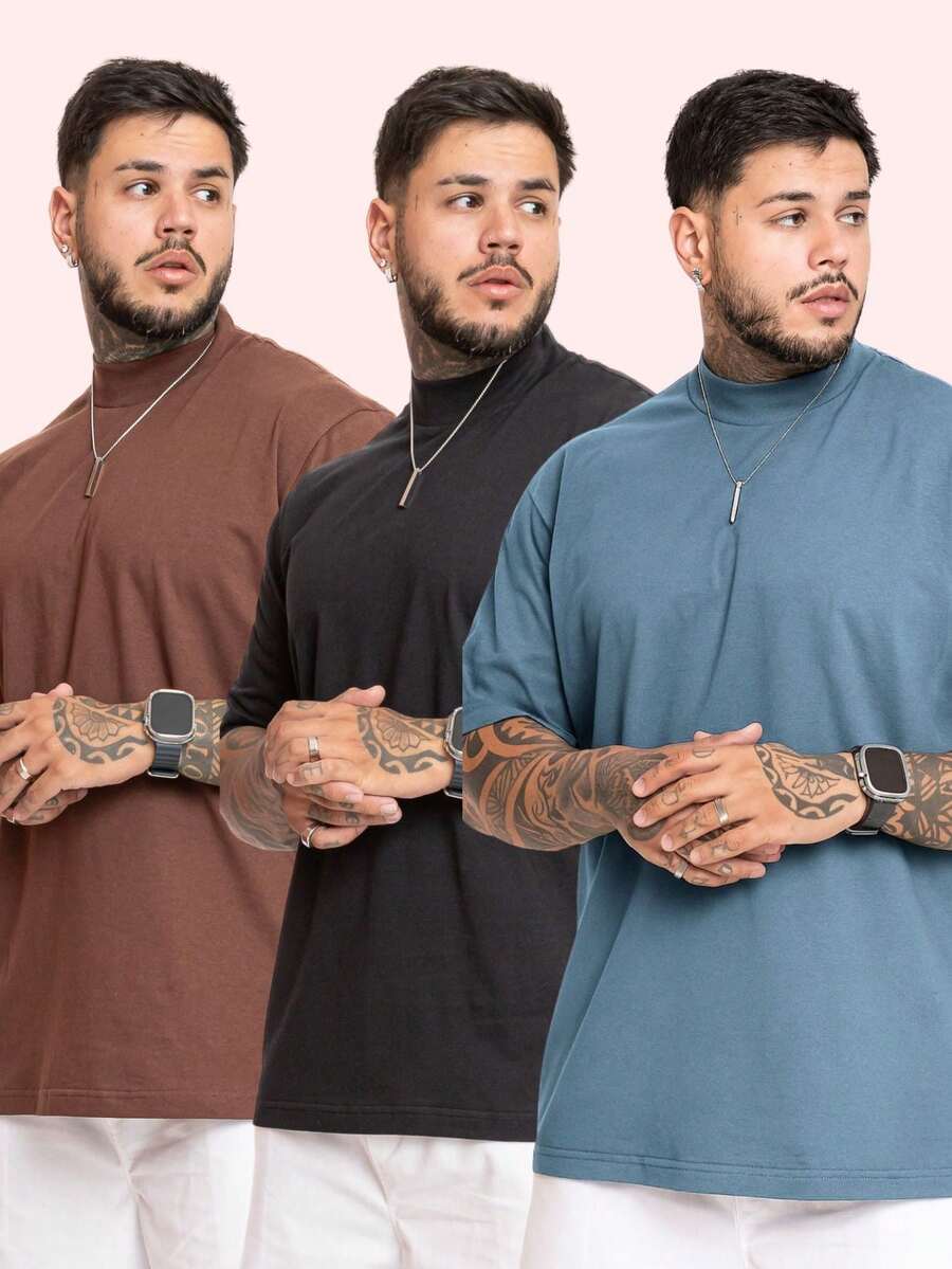 Kit 3 Premium Men's Oversized T-Shirts, Trap Street Style, Gringa Bodybuilder, Cotton Spring - 棕藍色牛仔褲和黑色 - 查看 1