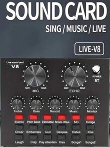 Carte son en temps réel V8 Mixeur en temps réel Convertisseur de voix Carte son avec plusieurs effets sonores Enregistrement sur ordinateur Convient pour la maison KTV Conversation vocale