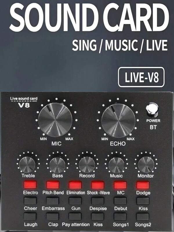 Real-Time Sound Card V8 Real-Time Mixer Voice Converter Sound Card With Multiple Sound Effects Computer Recording Suitable For Home KTV Voice Chat